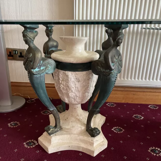 2 Greek Egyptian Style Side Tables Cream With Green Figures Glass Top