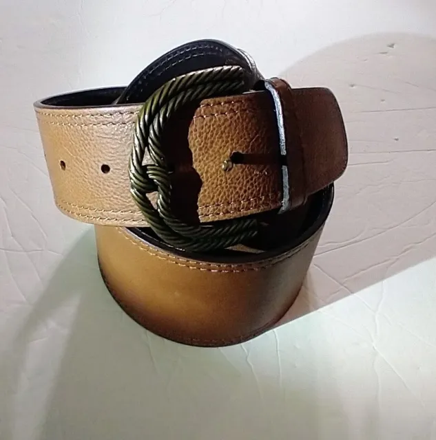 Womens Chico's Brown Wide Slanted Genuine Leather Belt With 3 Holes Size: M