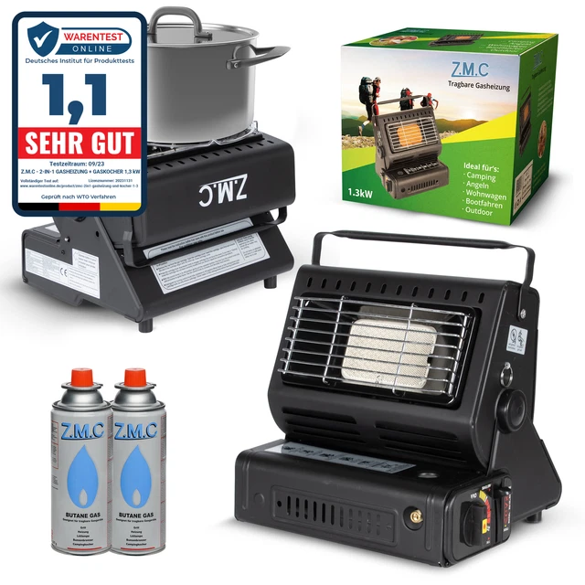 2in1 Tragbare Gasheizung 1,3KW Camping Butan Gas Kocher Keramik + Gaskartuschen