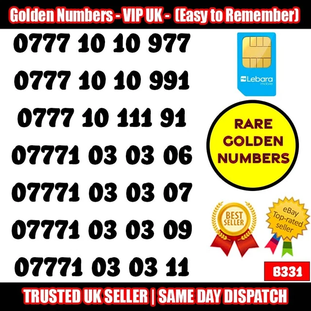 Golden Number VIP UK SIM Card - LOTTO numeri di cellulare facili da ricordare - B331