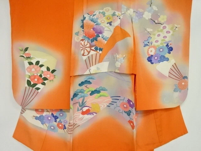 39374# Japanese Kimono / Antique Kimono For Girls / Flower & Bird & Fold