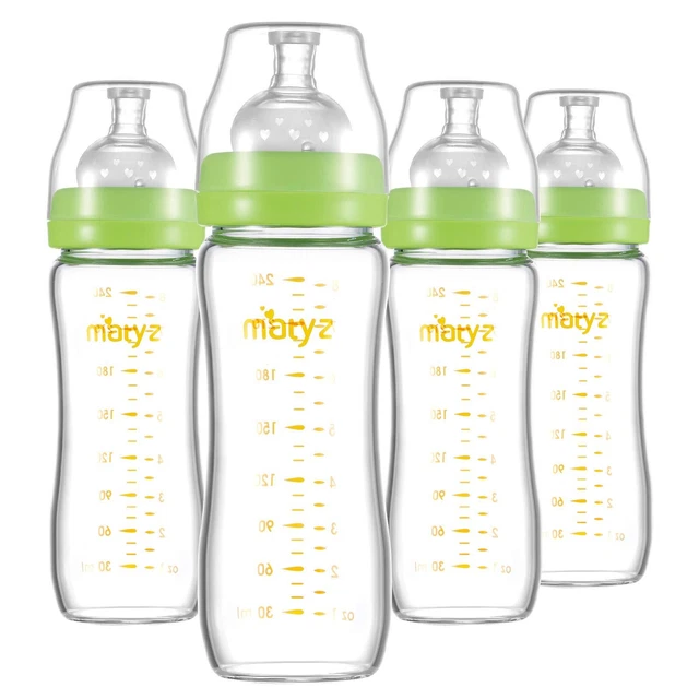 Matyz Glass Breastmilk Baby Feeding Bottle with Nipple, 4 Pack, 8 oz Slim and
