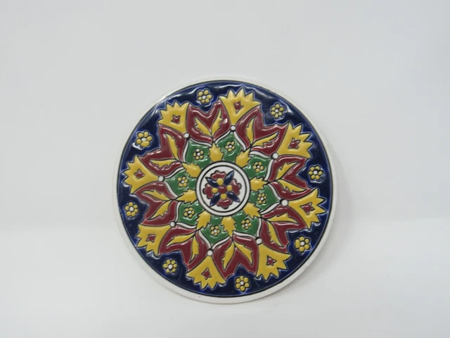 Nassos Keramik Ceramic Art Tile Coaster Hand Made Rodos Hellas Greece Round 3"