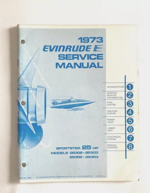 1973 Evinrude 25 HP OMC Outboard Service Shop Manual 4906 FREE 1ST CLASS