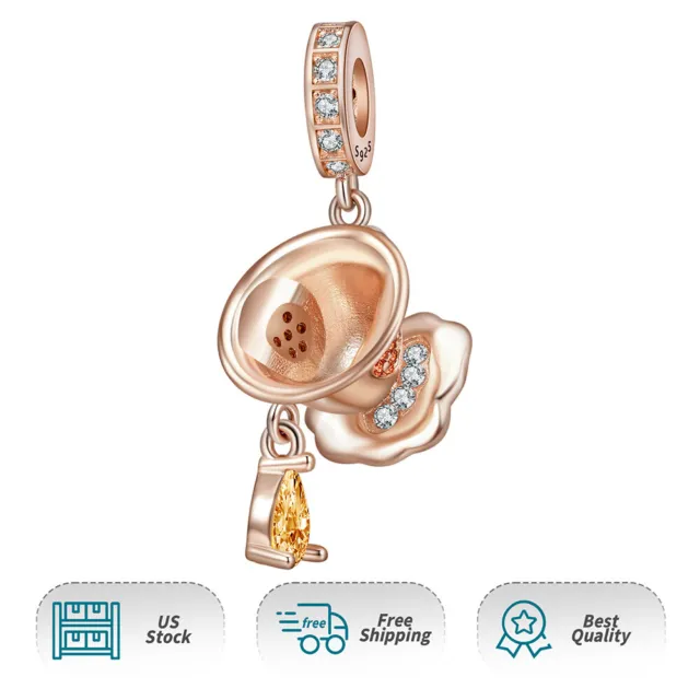 Real S925 Rose Gold Coffee Cup Dangle Charm Women Girl Bracelet Necklace Pendant