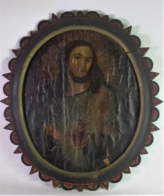 - antikes Ölgemälde HERZ JESU in tollem volkstümlichem STRAHLENRAHMEN Holz