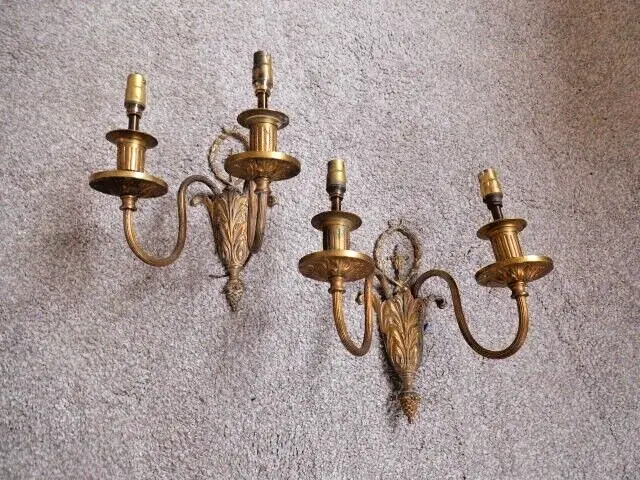 Antique Pair Gilt Brass Wall Lights Electric 2 branch gas light converted