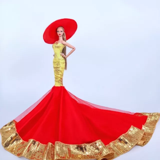 Red Golden Fishtail Wedding Dress for 1/6 Barbie Doll Handmade Party Gown & Hat 3