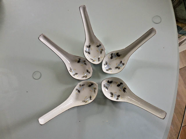 5 Chinese Porcelain Wonton Soup Spoons Floral Leaf Design Signed Silver Trim