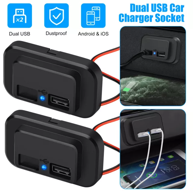 2PCS 12V-24V 4.8A Dual USB Port Car Fast Charger Socket Power Outlet  Waterproof