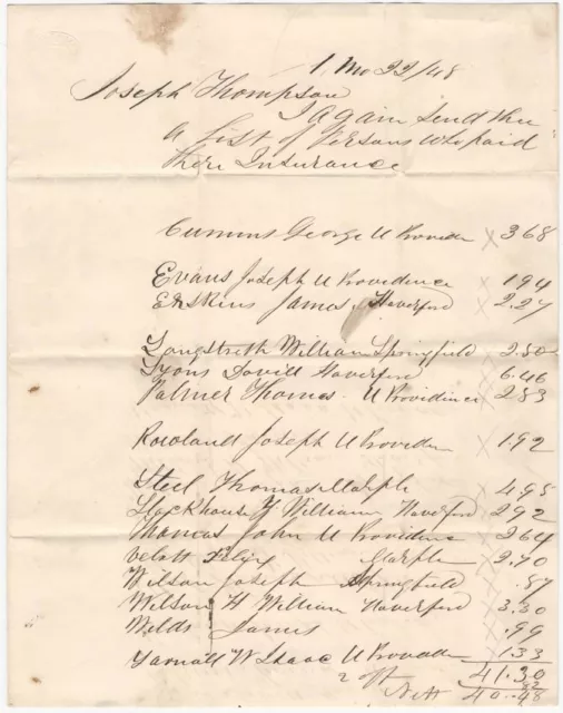 American 1848 Insurance - West Chester Pennsylvania Handwritten Manuscript