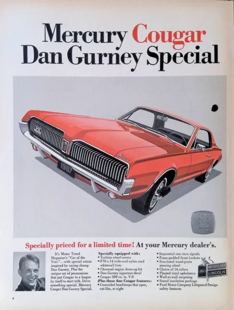 Print Ad 1967 Ford Mercury Cougar Dan Gurney Special Motor Trend Car of Year