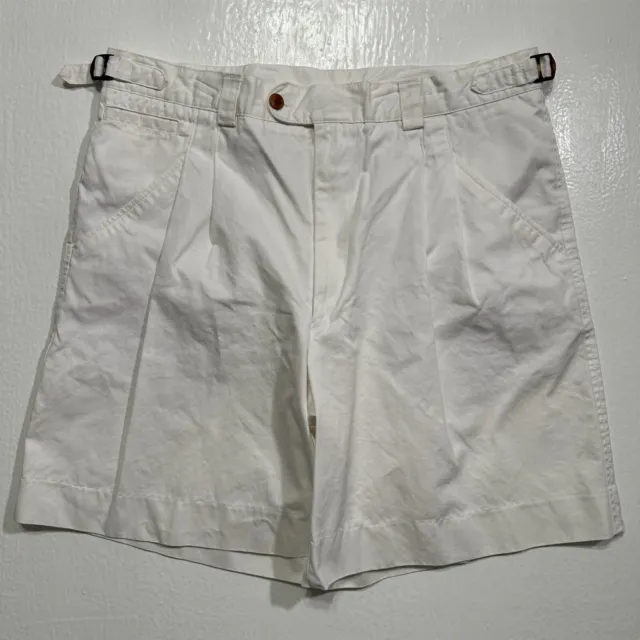 VTG Stanley Blacker 34 x 8 White Cinch Waist Pleated Cotton Twill Bermuda Shorts