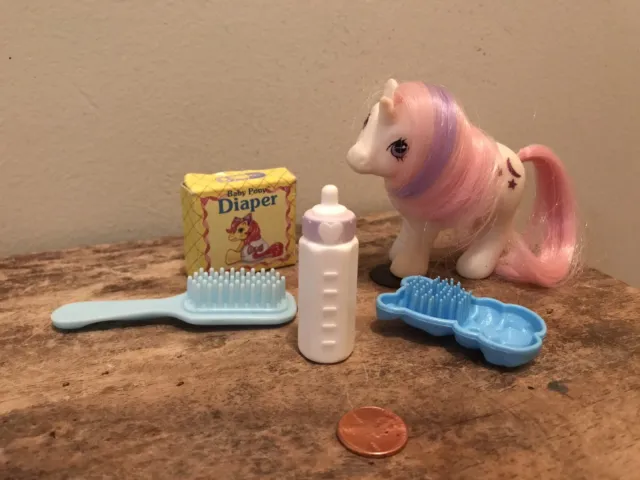 Baby Moon Dancer Vintage G1 My Little Pony 1984 with Diaper Bottle and Brushes