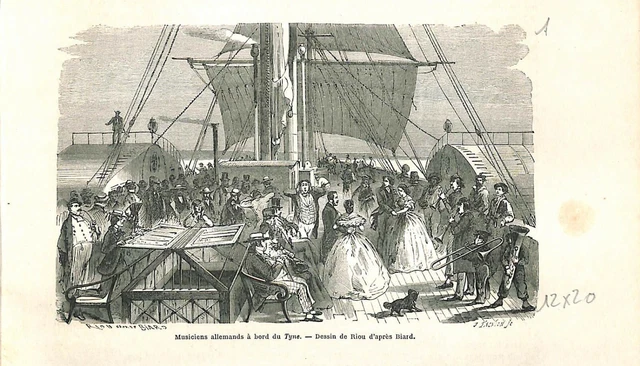 German musician on sailing ship Tyne en route to Brazil ENGRAVING 1861