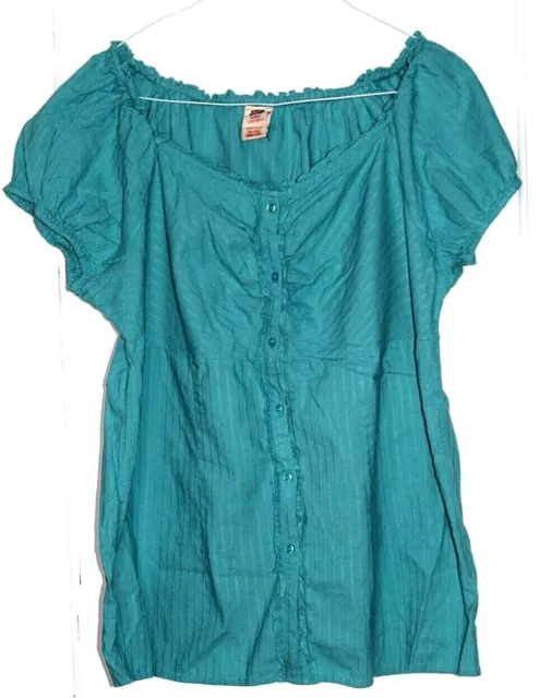 FADED GLORY BLOUSE ladies size 2X turquoise green stripe cotton cap sleeve