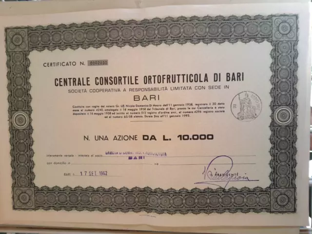 1962 Bari - Azione - "Centrale Consortile Ortofrutticola Di Bari"  Vedi