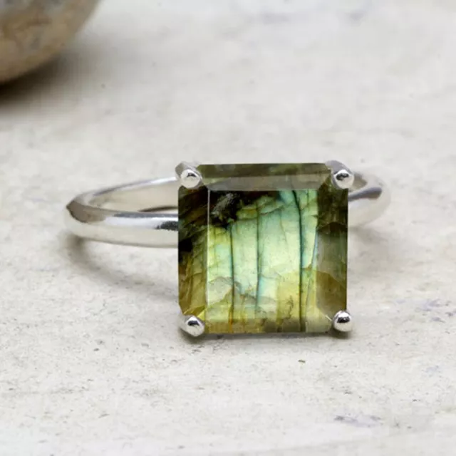Handmade 925 Sterling Silver Women's Ring with Real Labradorite Square Gemstone