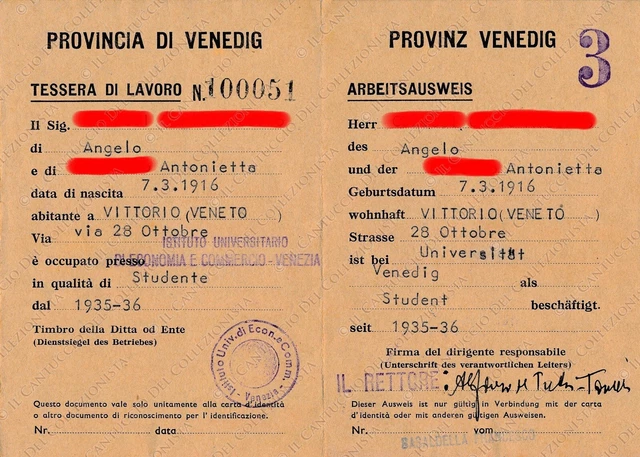 1944 Repubblica Sociale Italiana RSI Venezia Provincia Venedig tessera di lavoro