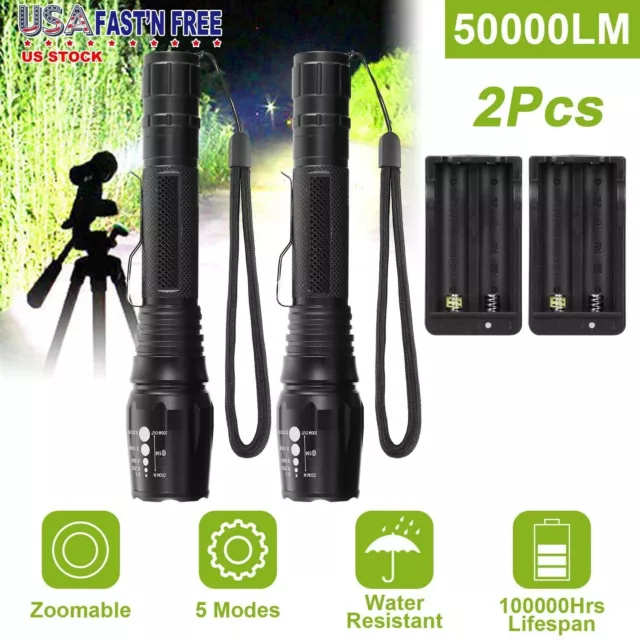 2X Tactical T6 LED Flashlight 50000Lm Aluminum Torch Zoomable 5 Modes +18650 BAT 2