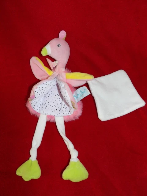 Doudou Plat Mouchoir Peluche Rose Blanc Jaune Baby Nat Flamant Rose