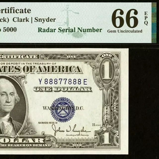 1935D $1 Silver Certificate PMG 66EPQ gem radar serial number 88877888