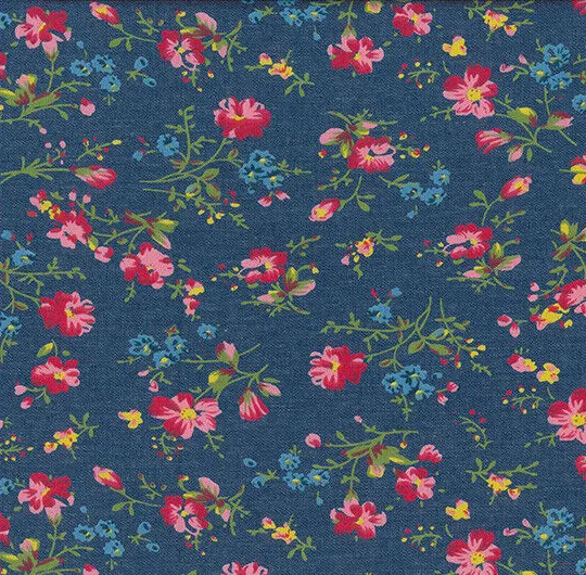 Cotton Denim Fabric - Pretty Pink Floral Navy Blue - Dress Fabric Material