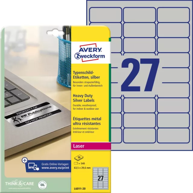 AVERY Zweckform L6011 Typenschild Folienetiketten, 540 Klebefolien 63,5x29,6mm