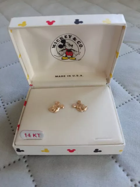 Vintage 1980’s 14k Yellow Gold Mickey Mouse Tiny Stud Earrings With Original Box