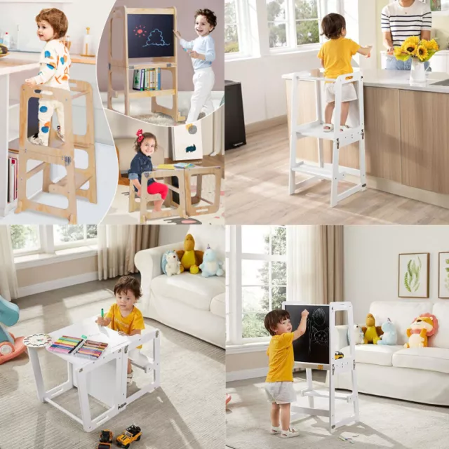 3in1 Lernturm Kinder Montessori Learning Tower Küche Hochstuhl Tritthocker Stuhl