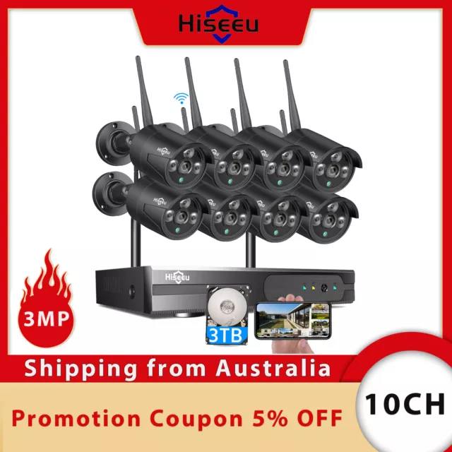 Hiseeu 10CH NVR CCTV 3MP Wireless Security Camera System WIFI Audio IP66 Lot