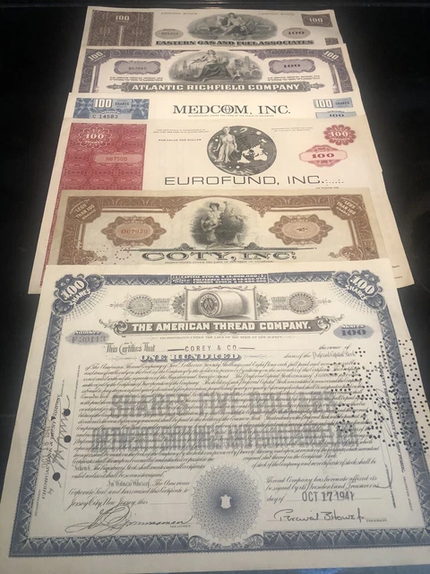 Vintage lot of 6 Different Cancelled Stock Certificates