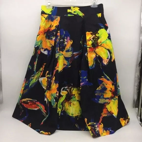 Milly 'Luna' Tropical Floral Print on Black Background Pleated Midi Full Skirt