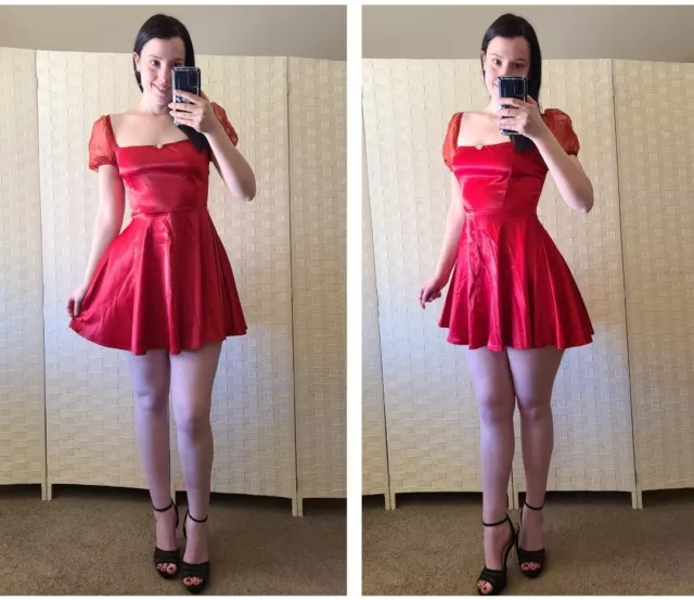 Sugar Thrillz Red Satin Puff Cap Sleeve Fit & Flare Mini Dress Sexy Lolita S