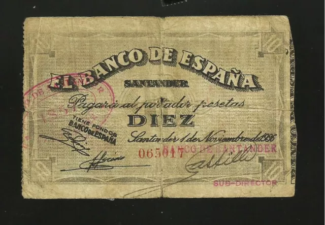 Rarísimo Billete De 10 Pesetas De La Guerra Civil-Banco De España-Santander-Bc+