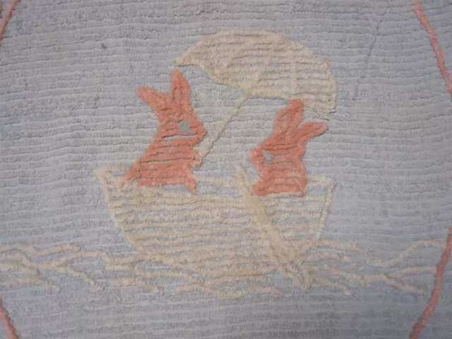 VINTAGE BLUE CHENILLE BABY CRIB BEDSPREAD w 2 BUNNIES IN A BOAT! 46x67 SO CUTE!