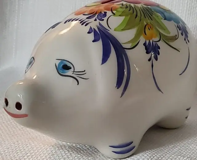 VTG Portugese Pottery Piggy/Coin Bank Ceramic Handpainted With Stopper EUC
