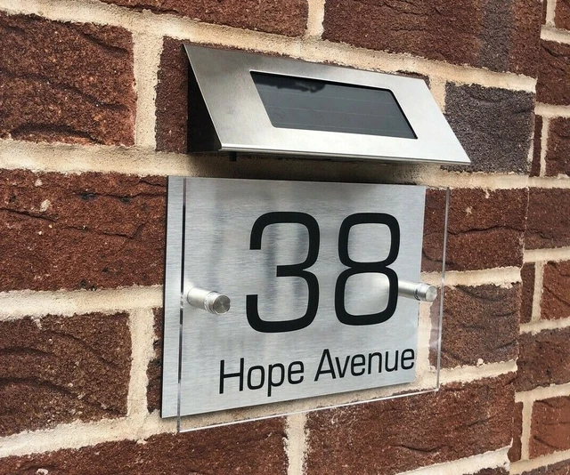 Personalised Solar House Number Plaque - Modern Laser Cut Acrylic Sign With LED Light