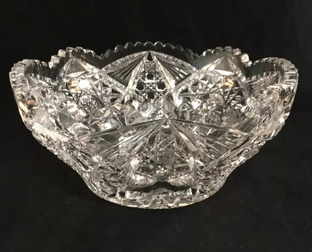 Antique American Brilliant Period Cut Glass Bowl Hobstars And Cane With Fan Abp