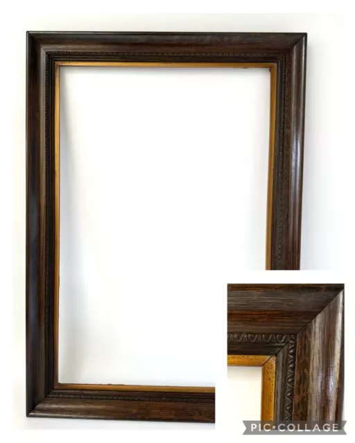 Large Antique Vintage Carved Oak Dark Wood Gold Slip Picture Frame Inner 23”x15”