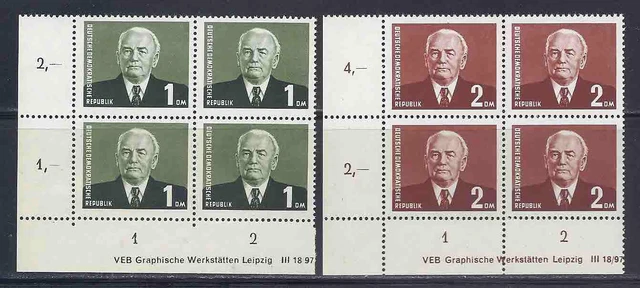 DDR 1958, MiNr: 622 - 623 postfrisch, Viererblock Eckrand unten links mit DV