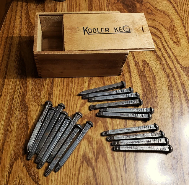 18 Vintage Thick Steel Rose/Square Head Spikes/Nails 3" Long Notched W/Wood Box