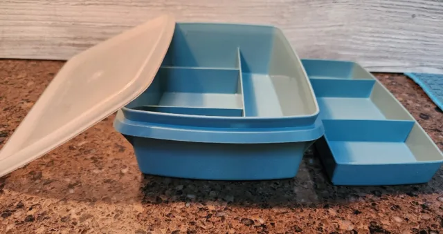 VTG Tupperware Blue Divided Stow-N-Go Lunch/Craft Box w Lid