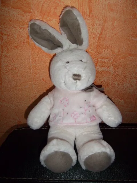 Doudou Tex Lapin Peluche Blanc et Gris Tee-Shirt Rose Brodé Fleurs