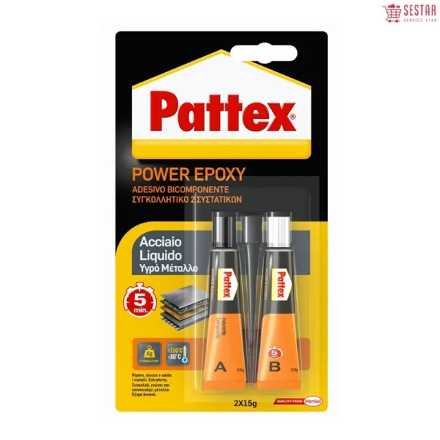 Pattex Power Epoxy Acciaio Liquido 15G Adesivo Bicomponente - 2 Flaconi