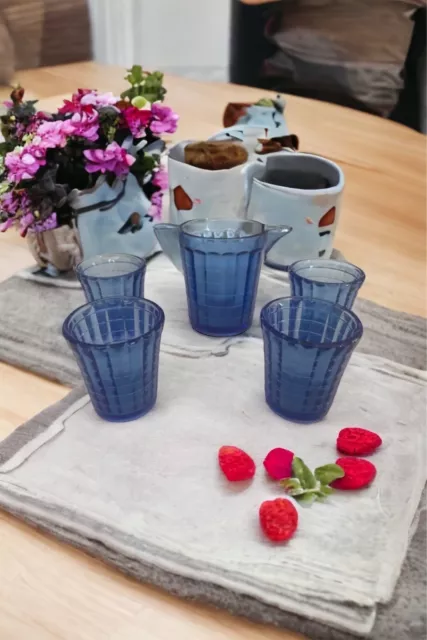 Children’s 5 Piece Blue Glass Water Pitcher & Cups ~ Akro Agate Tea Set  (Ofc)