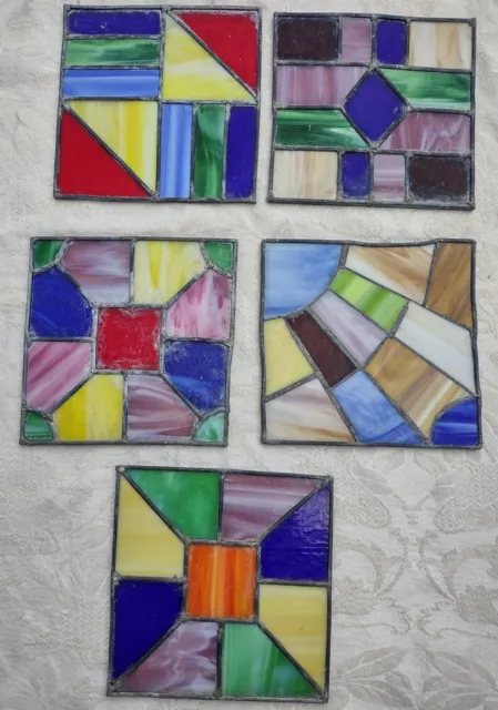 Lot 5 Stained Glass Window Wall Panel 9" x 9" Art Deco Reclaimed Sun Catcher