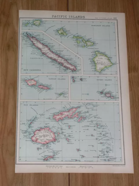 1924 Vintage Map Of Oceania Hawaii New Caledonia Samoa Fiji Tahiti Pacific