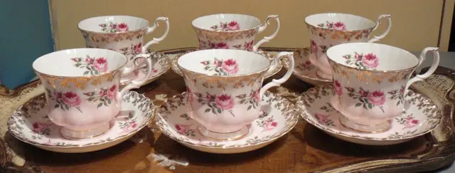 6 Royal Albert Bone China "Bridesmaid" Teacup & Saucer Sets Pink Roses England