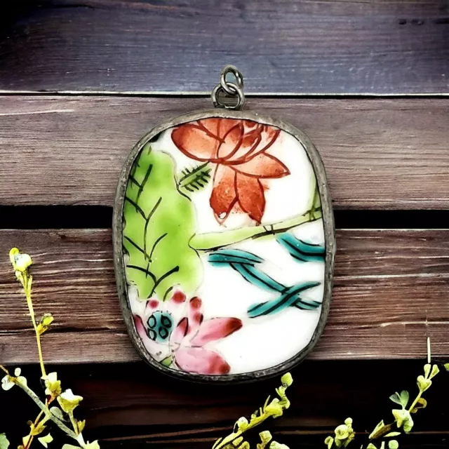 OLD Chinese Porcelain Shard Hand Painted Pendant Floral White
